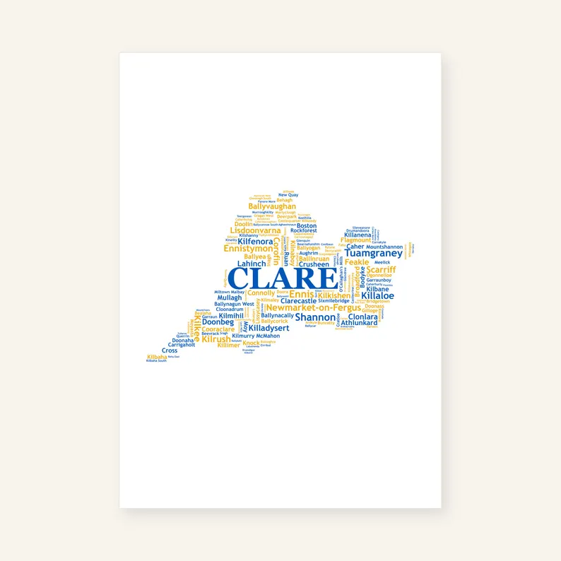 County Clare word map in blue and yellow, composed of place names