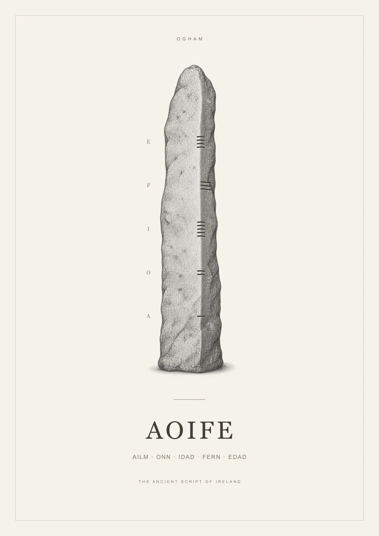 Personalised Ogham stone-inspired name print shown in a styled display