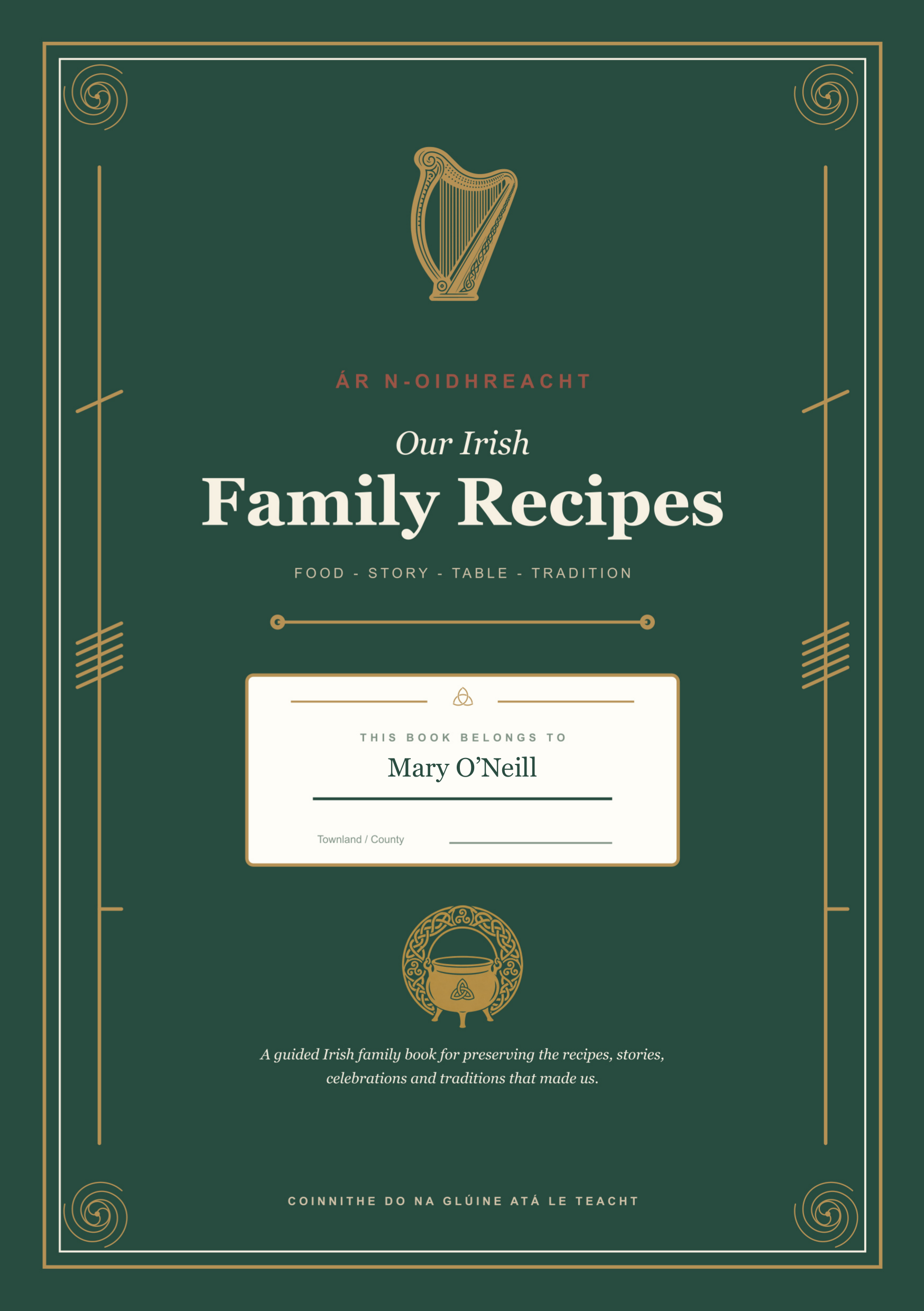 Irish Family Recipe Book sample cover personalised with Mary O’Neill