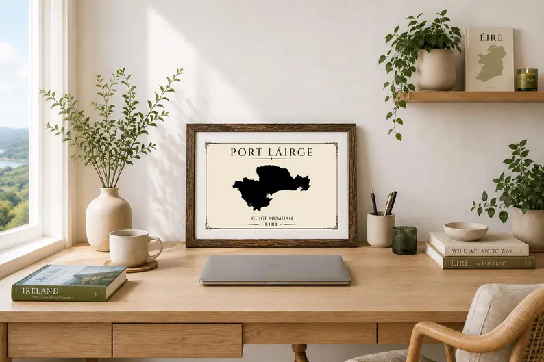Waterford Port Láirge map displayed in a frame on a wooden desk
